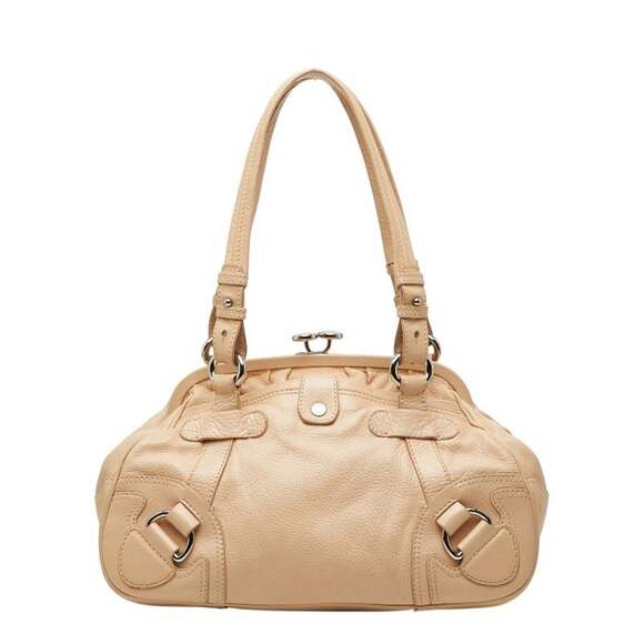 Celine logo handbag in beige leather for women.